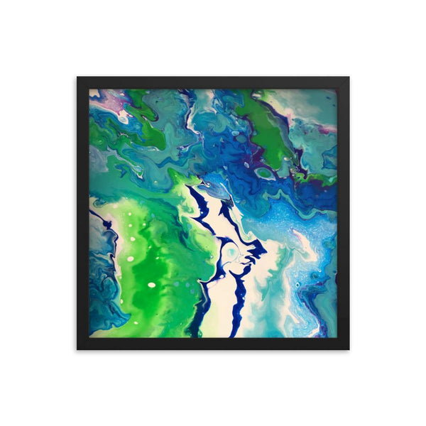 Fluid Art Framed Print Poster, Abstract Art Home Decor Wall Decor in Green,Blue and White
