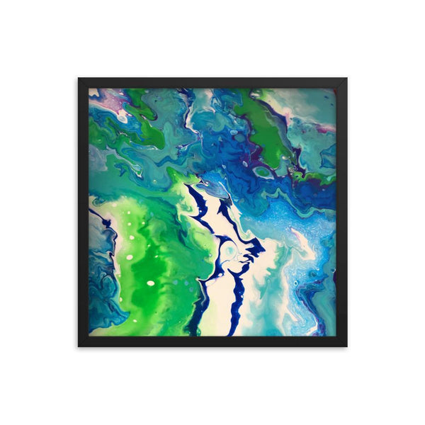 Fluid Art Framed Print Poster, Abstract Art Home Decor Wall Decor in Green,Blue and White