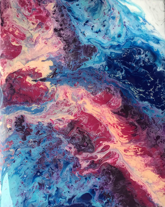 Fluid Art Original Acrylic Painting with Resin in Blue, Magenta and White. Glossy Brilliant Finish