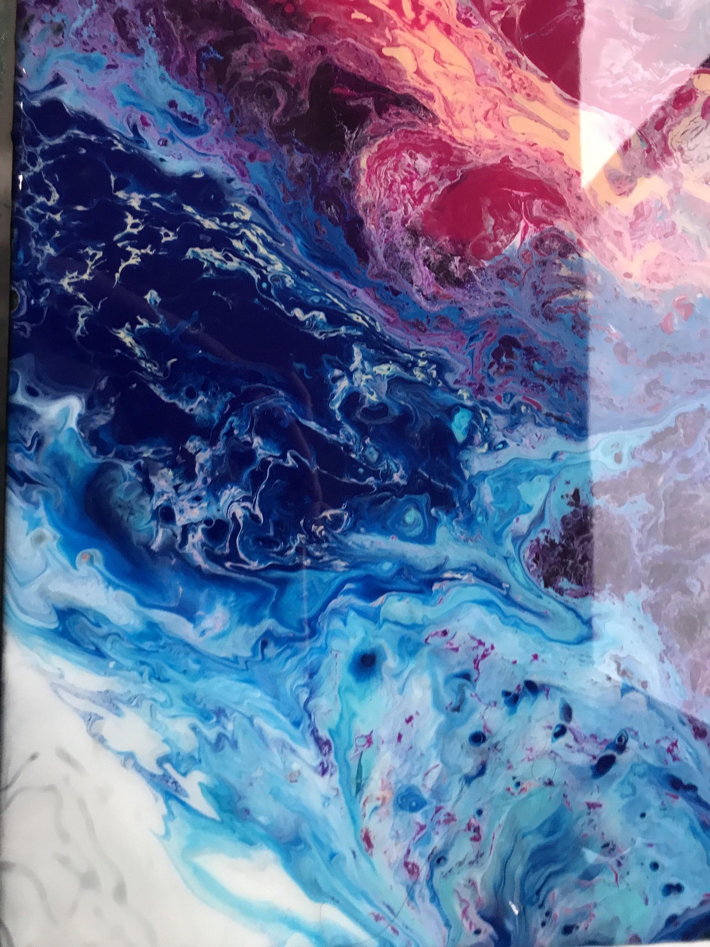 Fluid Art Original Acrylic Painting with Resin in Blue, Magenta and White. Glossy Brilliant Finish
