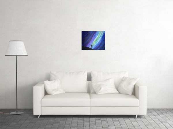 Aurora night sky original acrylic painting, feminist art