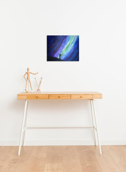 Aurora night sky original acrylic painting, feminist art