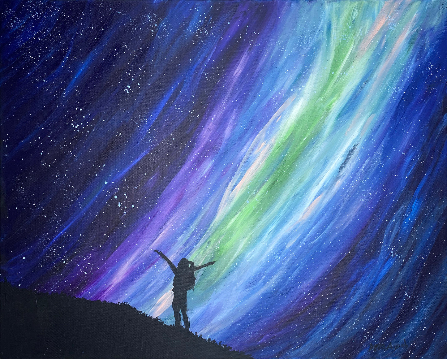 Aurora night sky original acrylic painting, feminist art