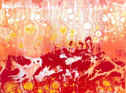 Original Fluid Art Acrylic Painting in Red, Orange, Yellow and White, Abstract Art