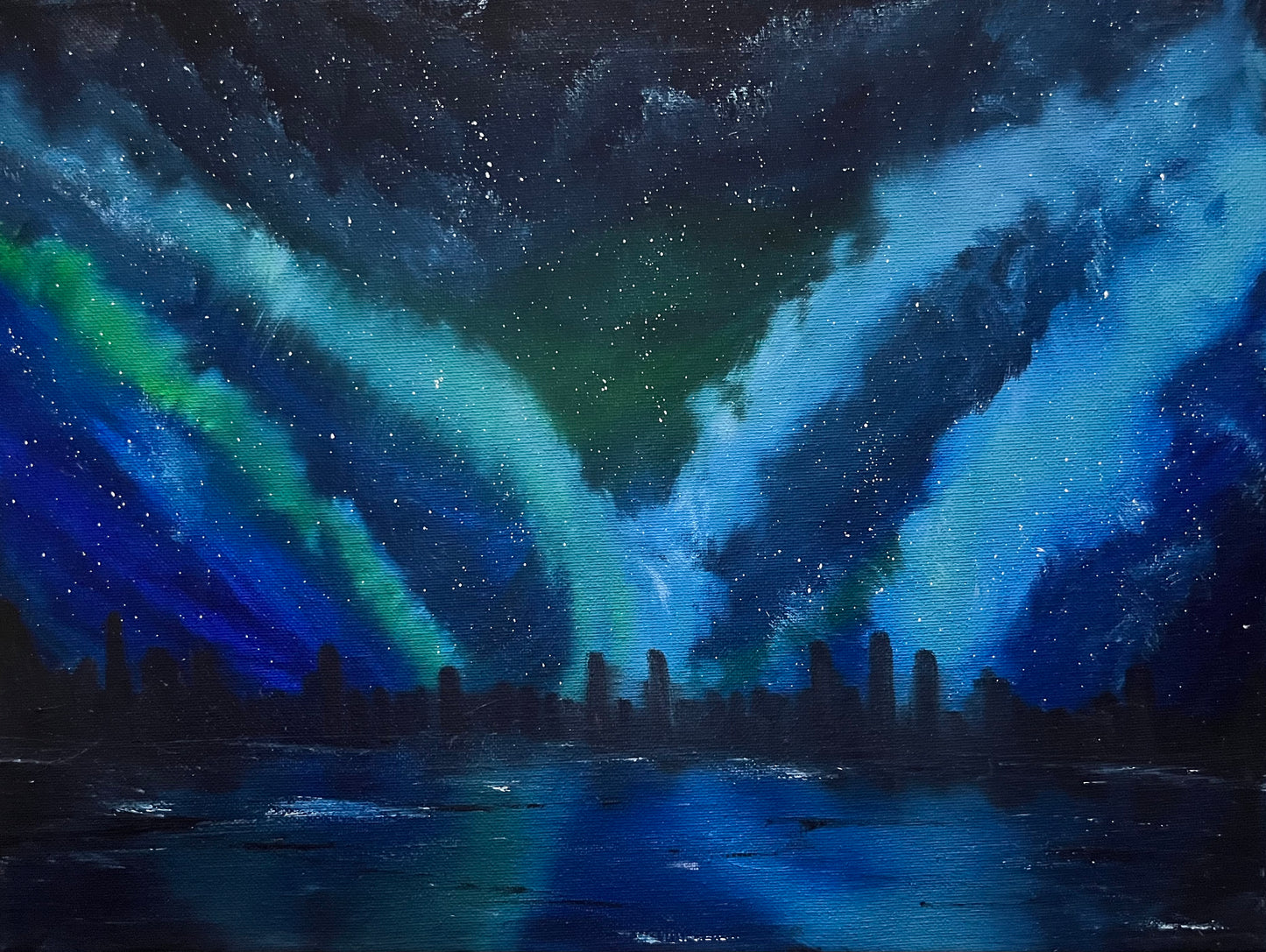 Original oil painting of skyline Aurora over a lake