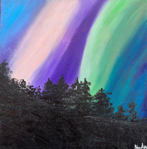 Original oil painting of Aurora over a hill with trees
