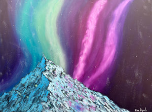 Large original oil painting of Aurora night sky over a mountain