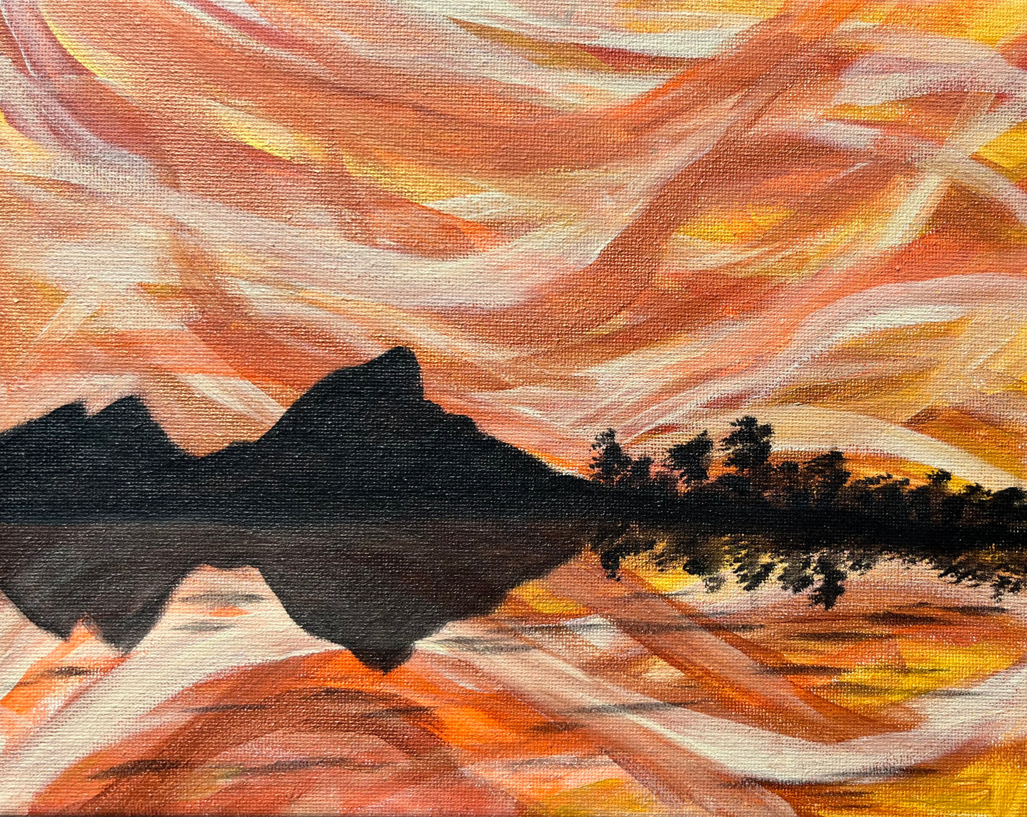 Original oil painting of mountains and trees with reflection in a colorful metallic sky