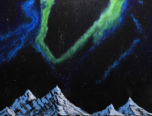 Aurora over mountains large original oil painting