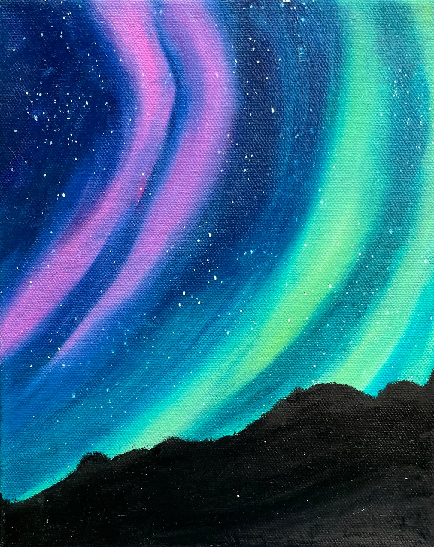 Original oil painting of Aurora with hill silhouette