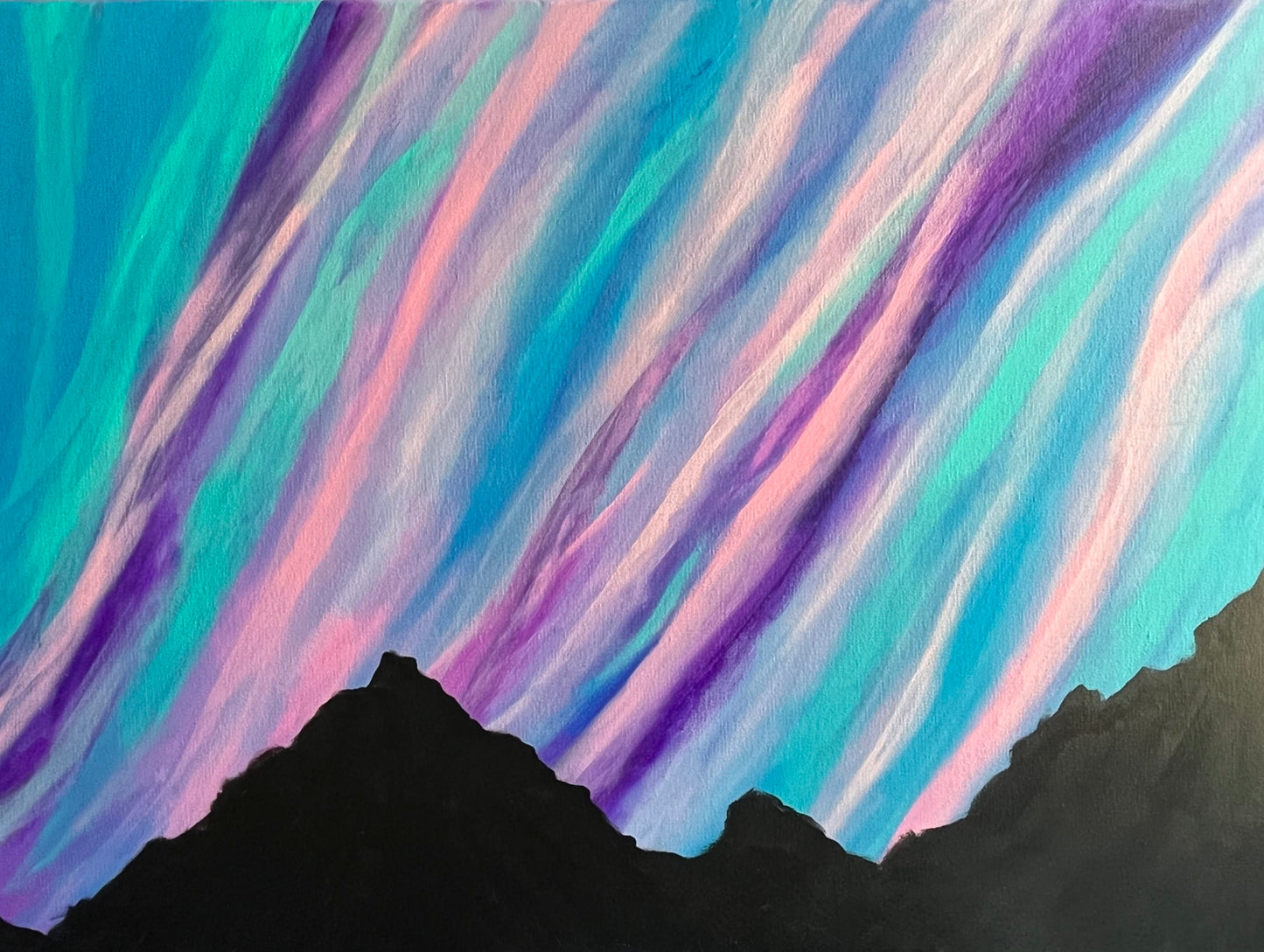 Original acrylic painting of mountains silhouettes against a colorful Aurora skies