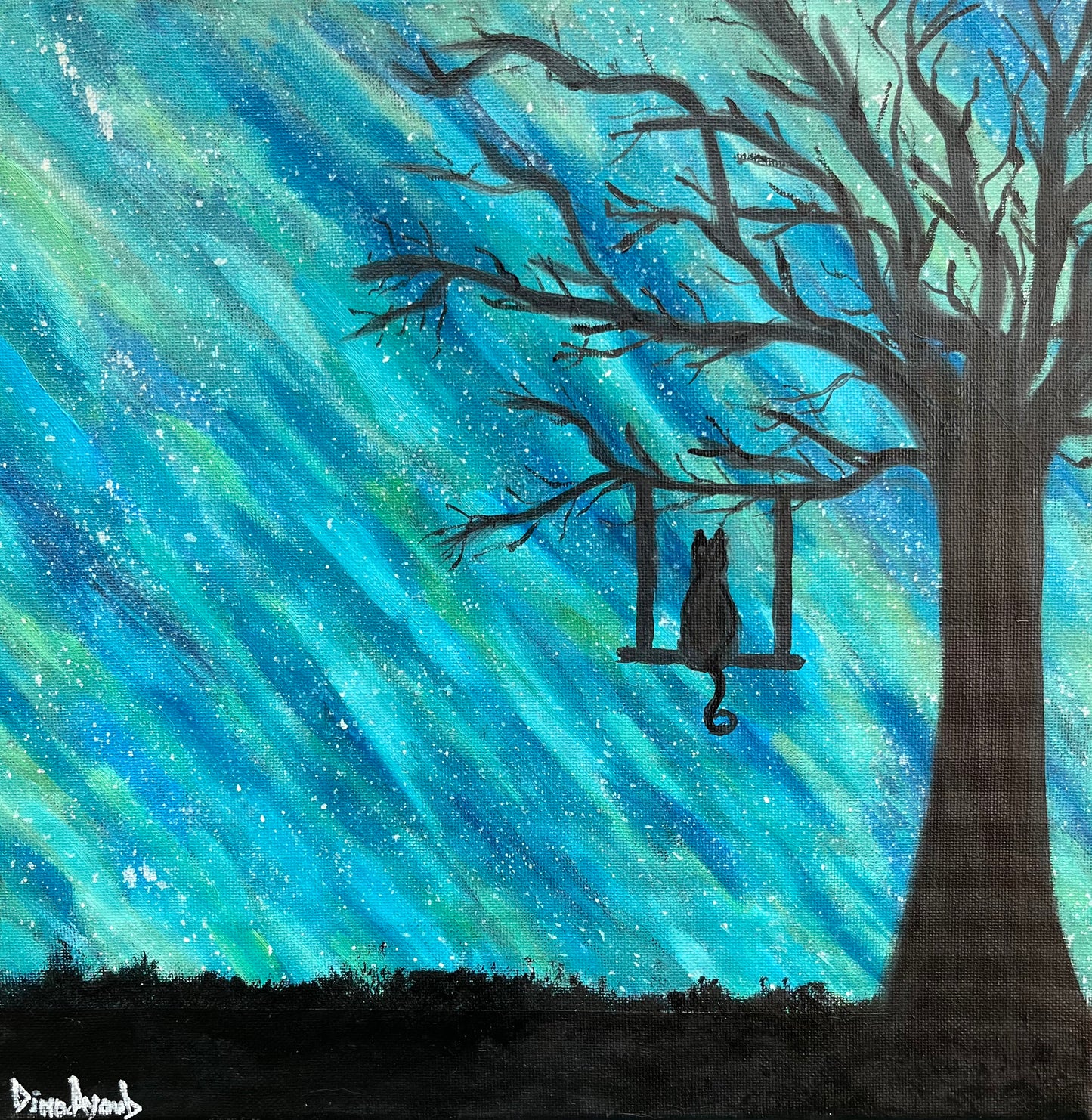 Original Acrylic painting of cat in a tree silhouette against a colorful Aurora sky