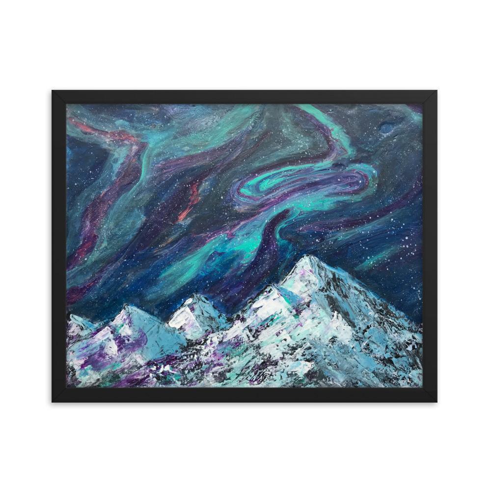 Northern Lights Aurora Framed Art Print Poster, Abstract mountains and night sky fluid art