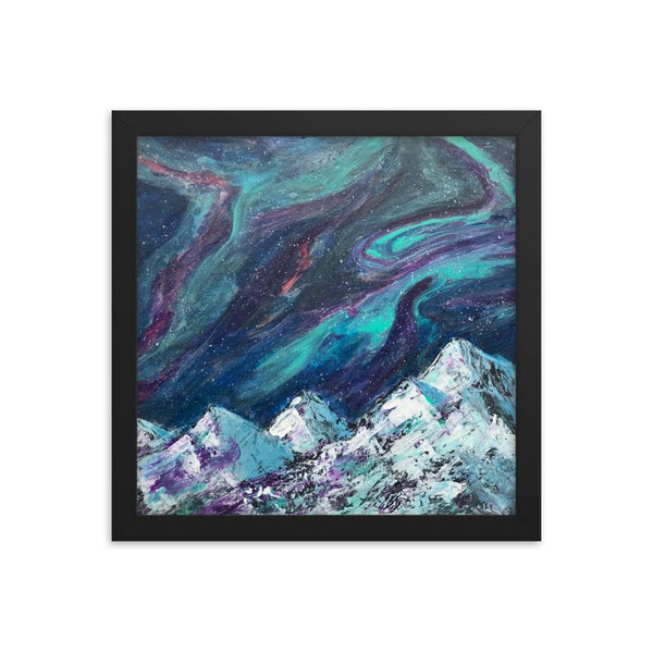 Northern Lights Aurora Framed Art Print Poster, Abstract mountains and night sky fluid art