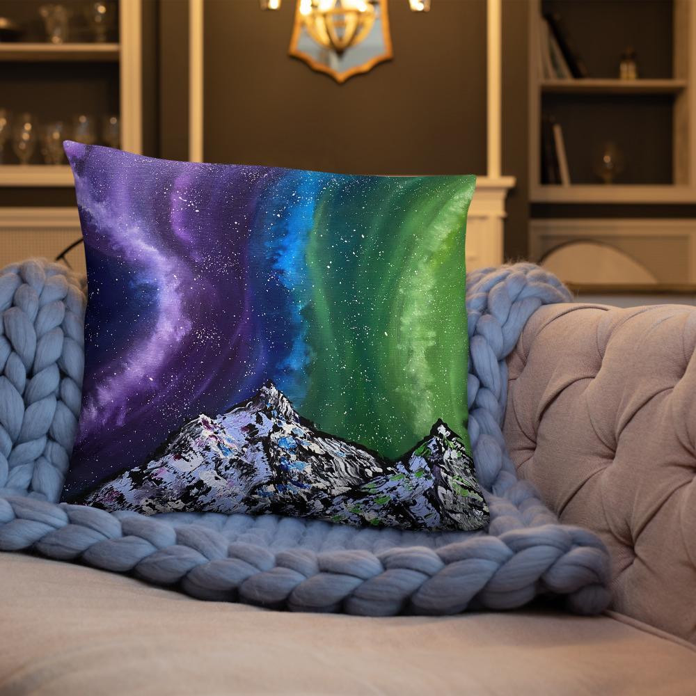 Northern lights decorative throw pillow of aurora over the mountains