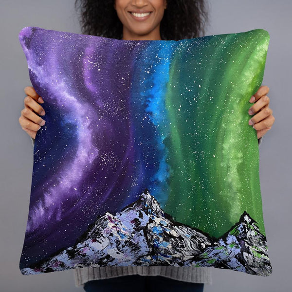 Northern lights decorative throw pillow of Aurora over the mountains