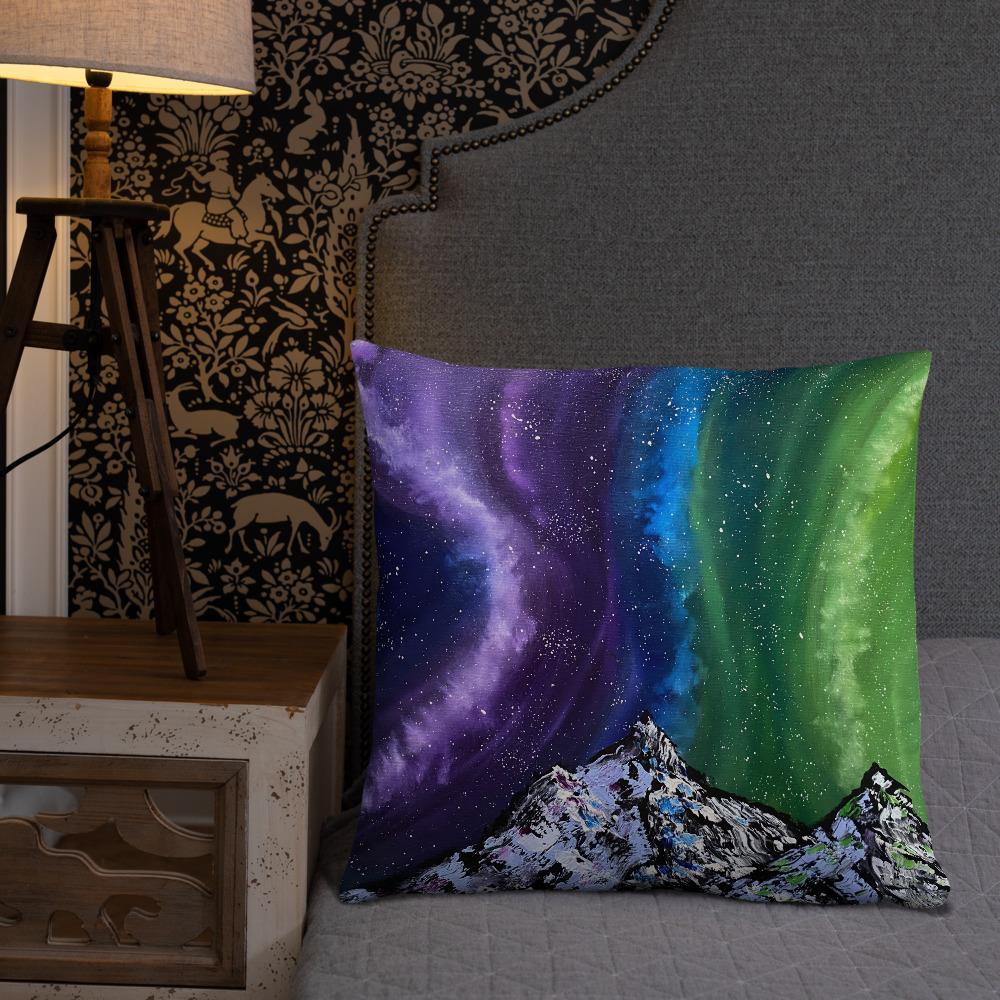 Northern lights decorative throw pillow of aurora over the mountains