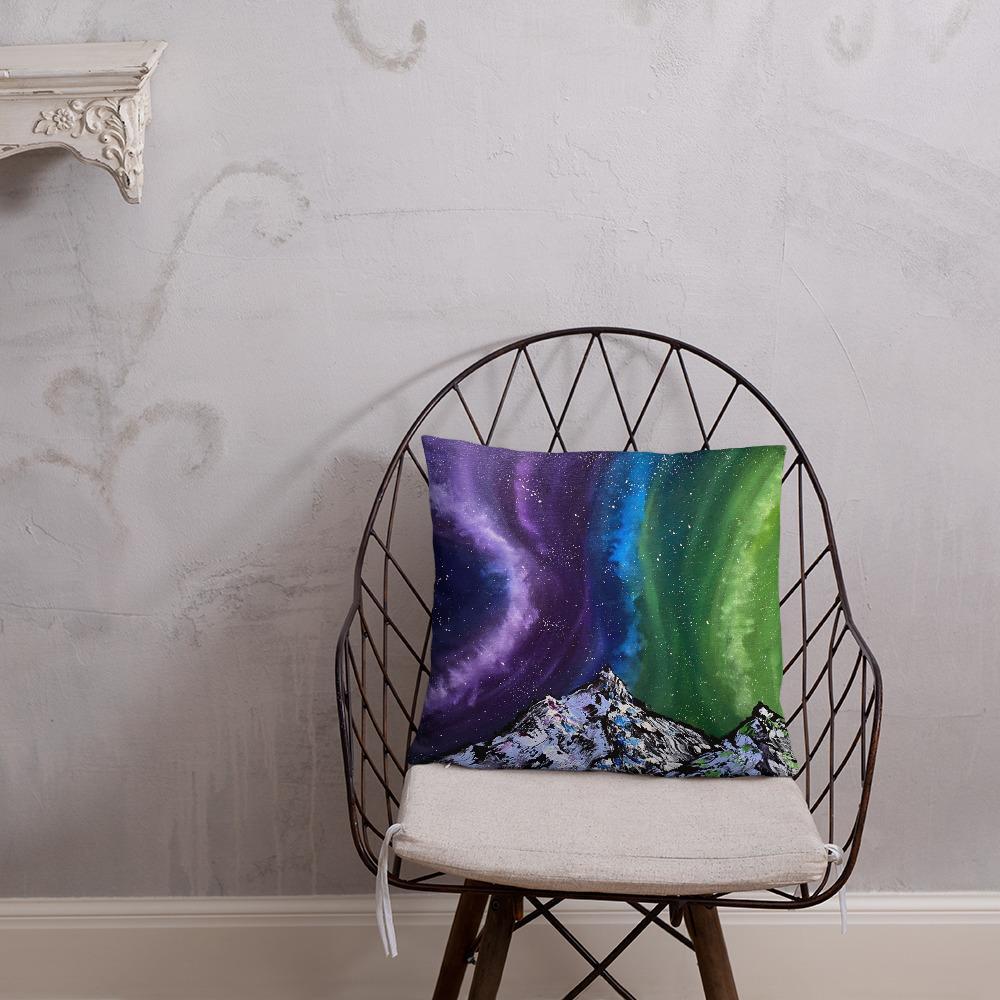 Northern lights decorative throw pillow of aurora over the mountains