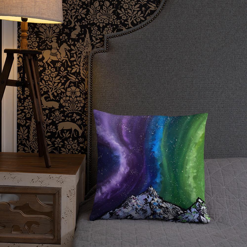 Northern lights decorative throw pillow of aurora over the mountains