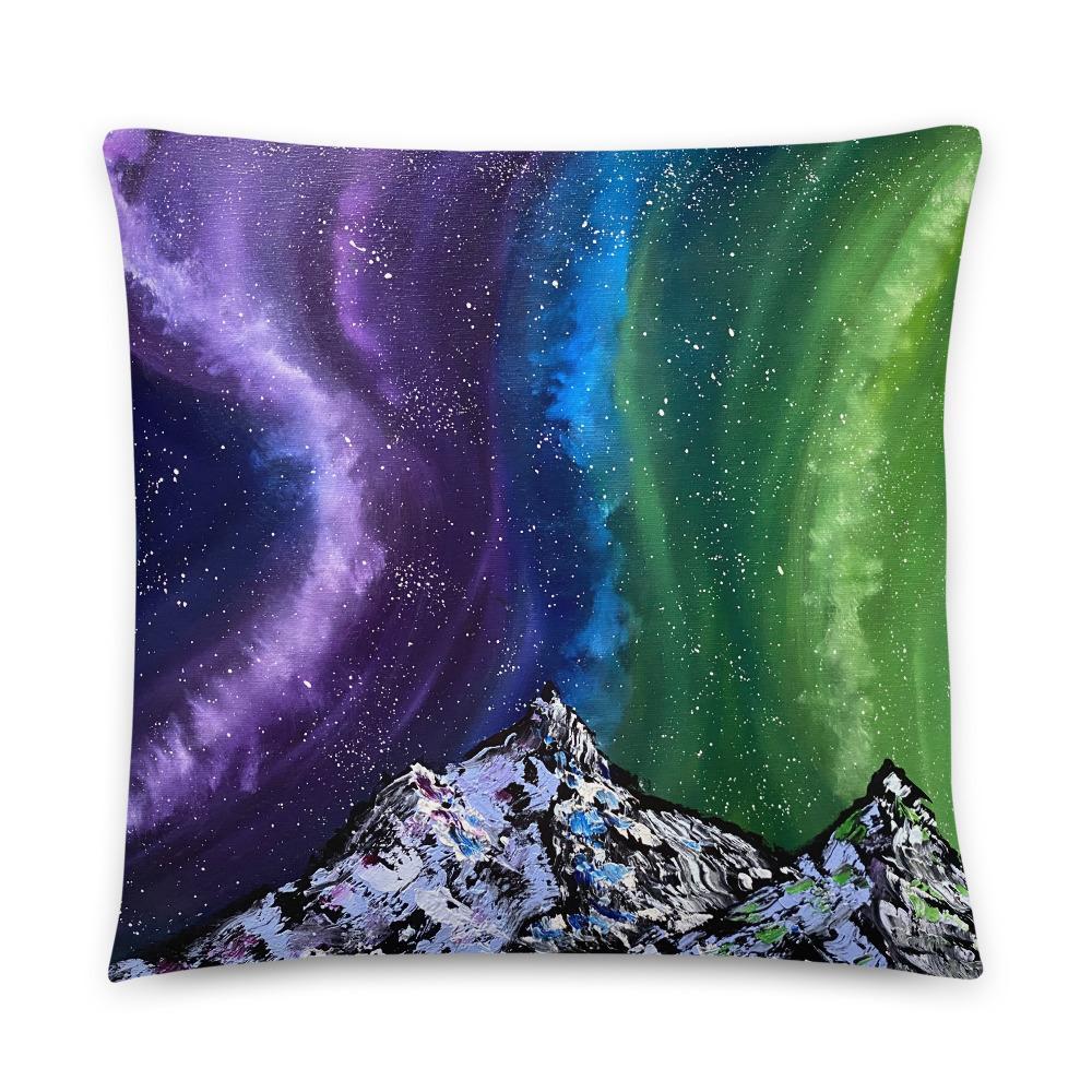 Northern lights decorative throw pillow of aurora over the mountains