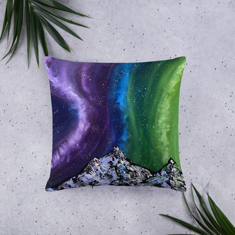 Northern lights decorative throw pillow of aurora over the mountains