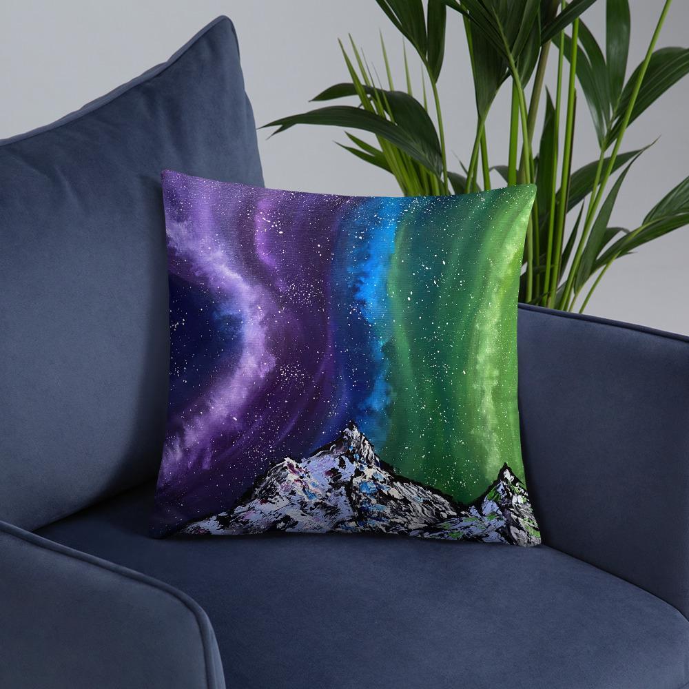 Northern lights decorative throw pillow of aurora over the mountains