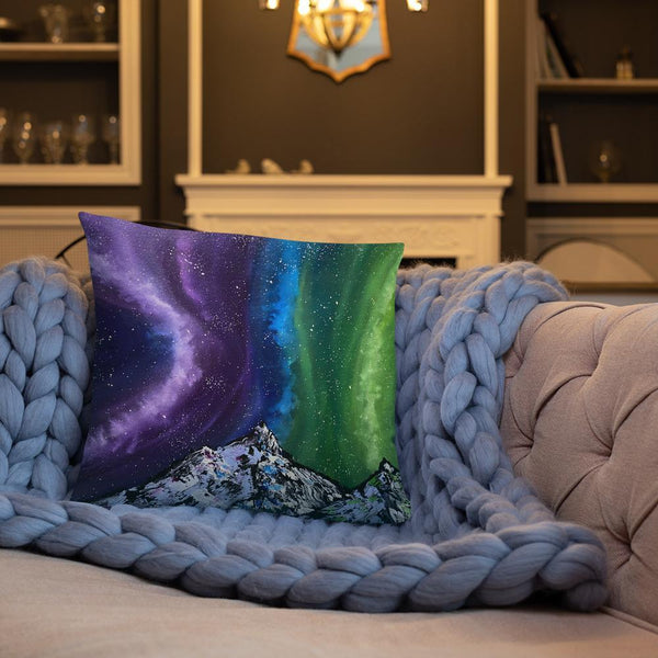 Northern lights decorative throw pillow of Aurora over the mountains