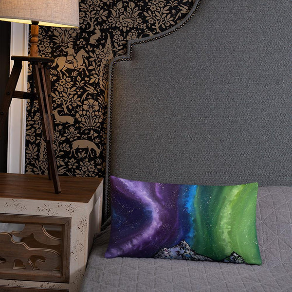 Northern lights decorative throw pillow of Aurora over the mountains