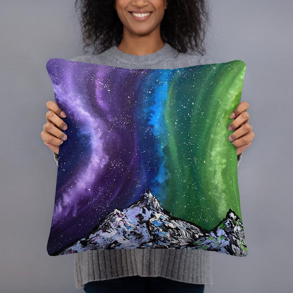 Northern lights decorative throw pillow of Aurora over the mountains