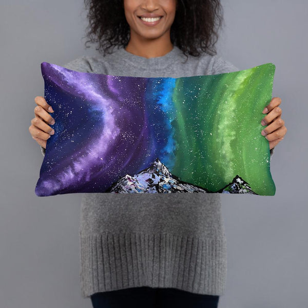 Northern lights decorative throw pillow of Aurora over the mountains