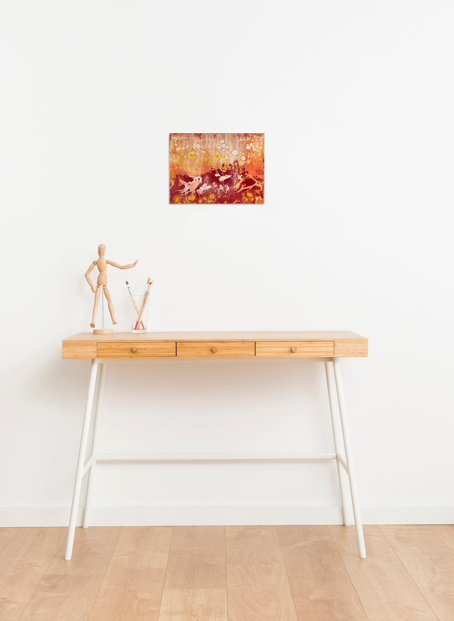 Original Fluid Art Acrylic Painting in Red, Orange, Yellow and White, Abstract Art