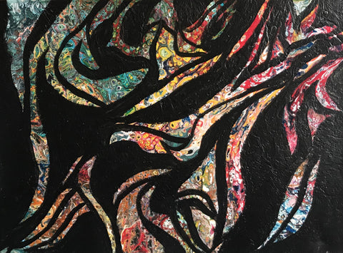 “Birds of Paradise,” Original Embellished / Whimsical Acrylic Painting, Fluid Abstract Art