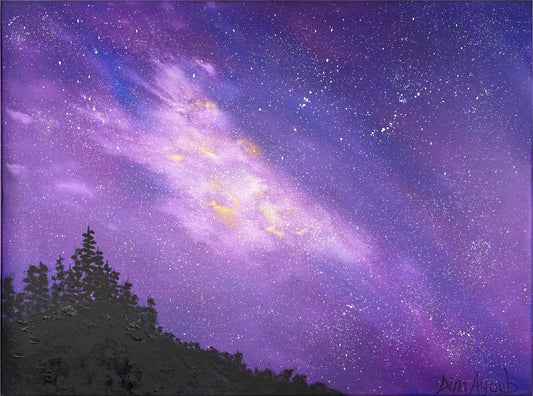 Original oil painting of fantasy landscape of stars and space with trees silhouette