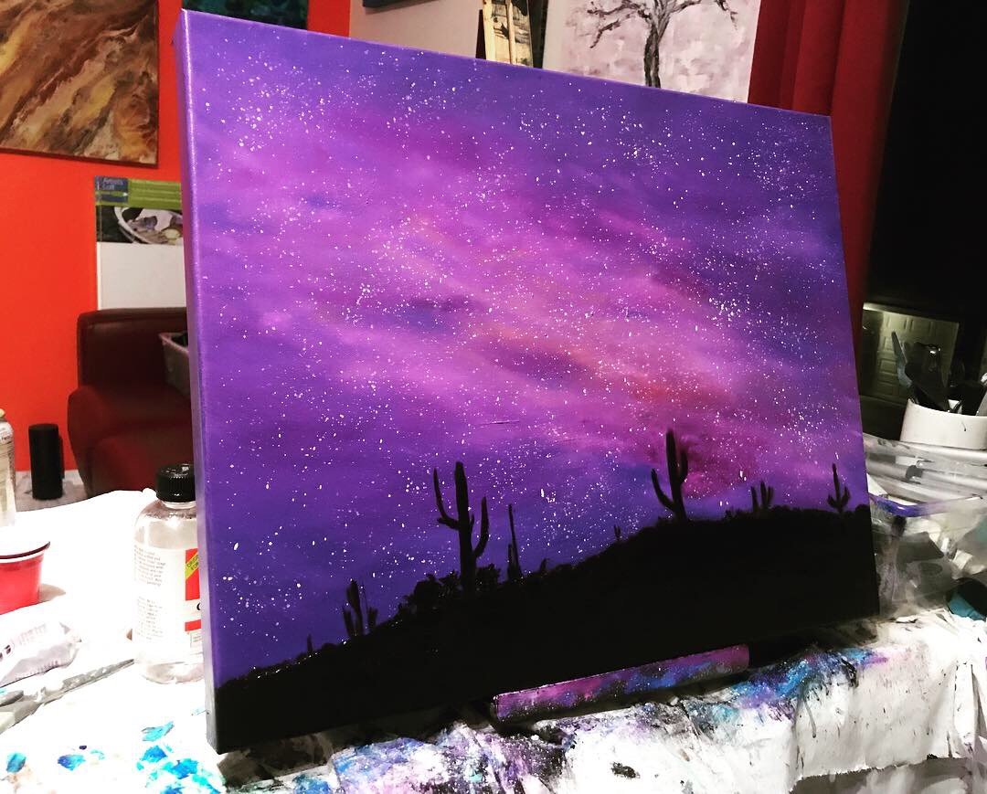 Original oil painting of night sky in the desert, starry night