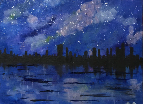 Original oil paintings of city skyline over a lake/river on a starry night