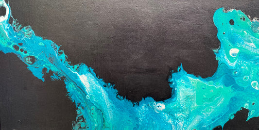 “Rivers of Light,” Black and Aqua Original Fluid Acrylic Painting