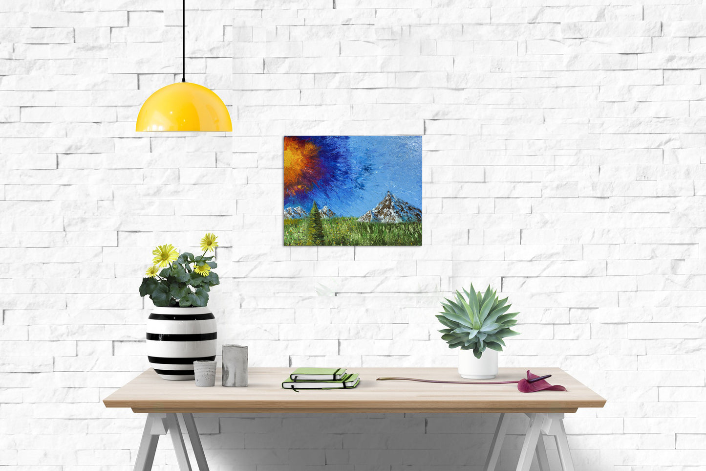 Abstract Sun & Mountains Original Oil Painting
