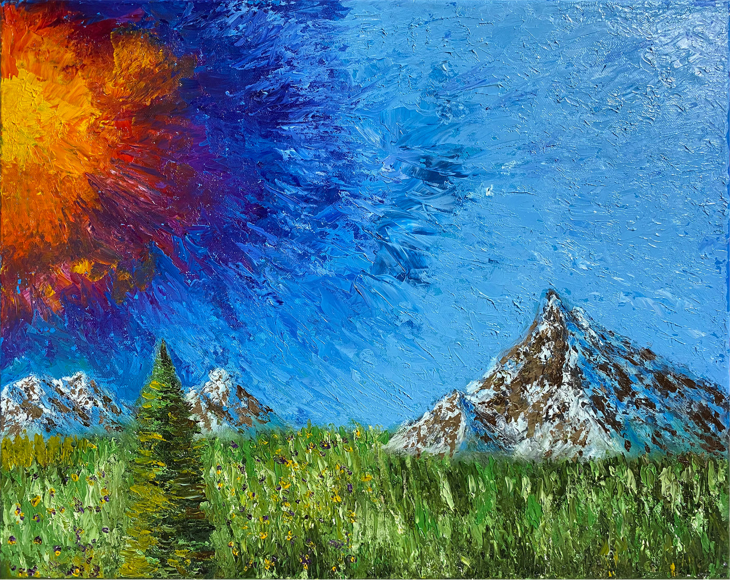 Abstract Sun & Mountains Original Oil Painting